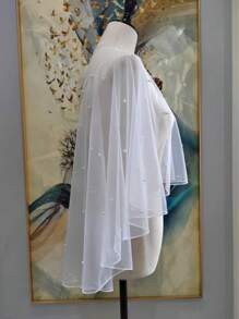 新娘披肩，珍珠雪纺白色披肩，新娘披肩，手工串珠蕾丝新娘斗篷，适合婚纱、结婚登记拍照、秋季服装搭配、派对、闪耀、万圣节、圣诞节 - 彩色 - 查看 3