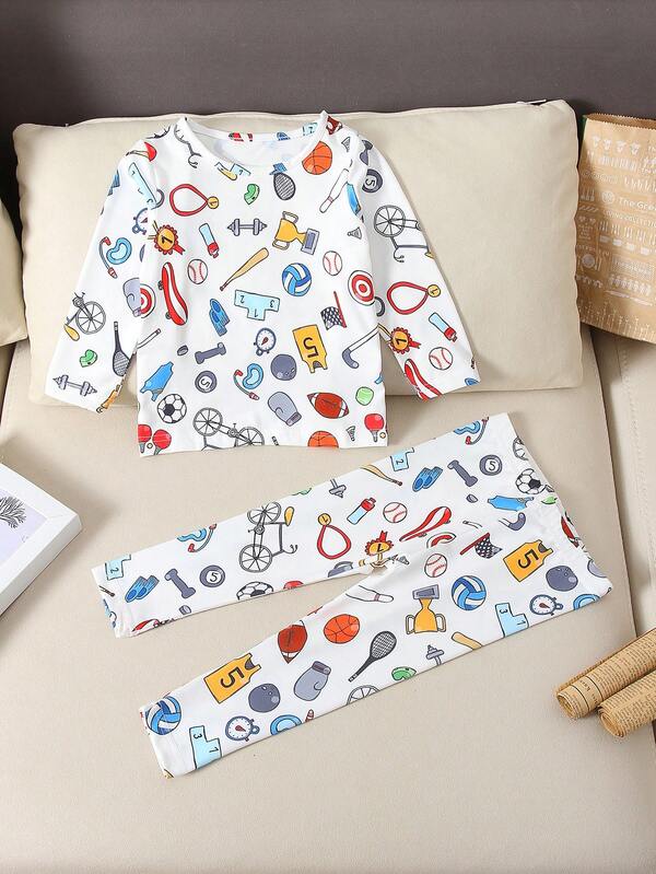 2pcs/Set Toddler Boys' Cartoon Sports Print Crew Neck Long Sleeve Top And Pants Set