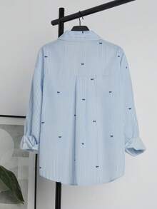 Plus Size Women Striped & Bow Print Button Front Casual Long Sleeve Shirt, Spring - Blue - View 3