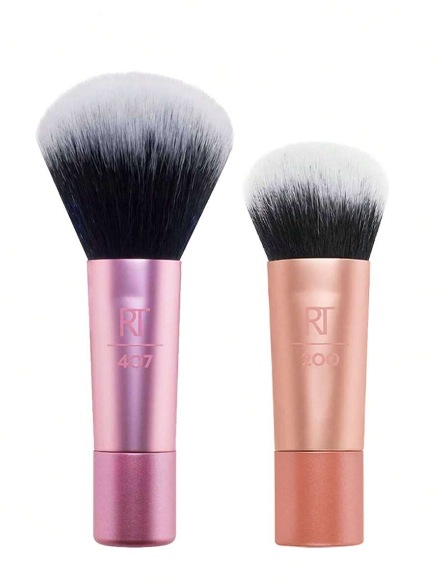 Real Techniques Mini Brush Foundation And Blush Duo, Travel Size, For Loose Blush And Liquid Foundation, 2 Pieces Set - Hot Pink - View 1