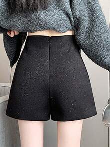 星空羊毛混纺高腰A字休闲短裤，闪光喇叭裤 - 黑色 - 查看 2