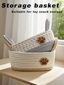 1 pieza Cesta de almacenamiento tejida de cuerda de algodón abierta con decoración de huella de mascota, adecuada para decoración del hogar, almacenamiento de cosméticos en dormitorio, clasificación de juguetes de niños, almacenamiento de alimentos para mascotas, adecuada para decoración de regalo de Navidad