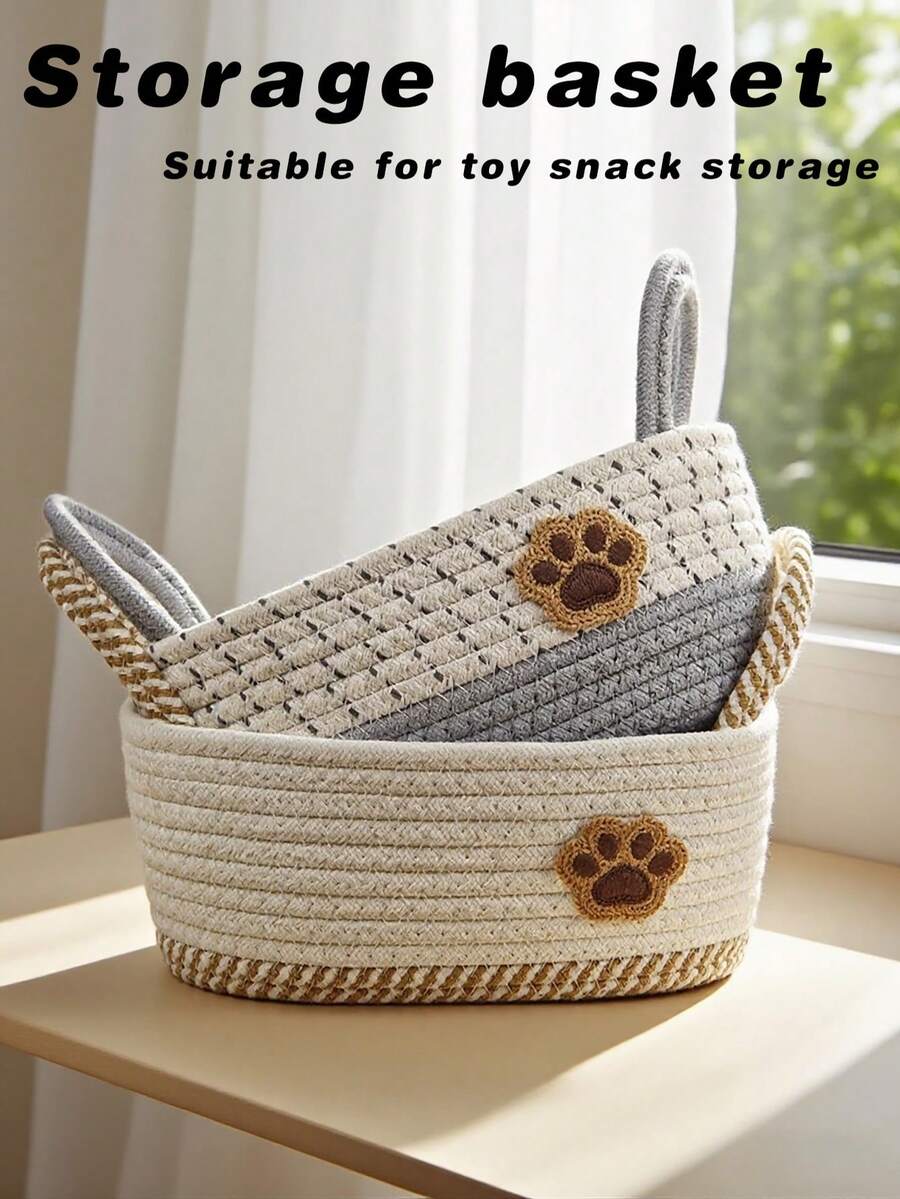 1 pieza Cesta de almacenamiento tejida de cuerda de algodón abierta con decoración de huella de mascota, adecuada para decoración del hogar, almacenamiento de cosméticos en dormitorio, clasificación de juguetes de niños, almacenamiento de alimentos para mascotas, adecuada para decoración de regalo de Navidad