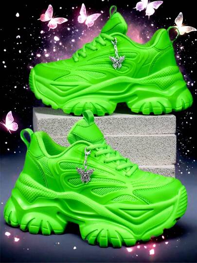 Women's Silver Metal Butterfly Decor Fashionable Platform Sneakers, EVA Solid Thick Soles +7CM High, Fluorescent Green High Heels, Punk Style, Suitable For Big Size, Comfortable & Warm For Autumn/Winter, Outdoor, Casual, Office, College Students, Summer Breathable And Quick-Drying Mesh Sandals