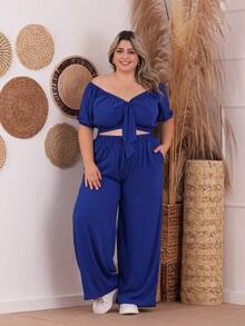 Plus Size Cropped And Pantaloon Set For Women - 寶藍色 - 查看 2