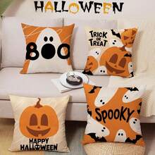 4pcs, Happy Halloween Spooky Ghost Boo Decorative Throw Pillow Covers, Trick Or Treat Lantern Pumpkin Porch Outdoor Home Decor, Funny Bats Skull Couch Cushion Case Halloween Decor Room Decor Pillow Case Pillow Cases Cushion Cover Cushion Covers