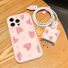 Heart Line Print Anti-Drop Phone Case With Charging Set, Compatible With IPhone 16 Pro Max, 14/13, 16 12, 11 Pro Max, XS Max, X, XR, 8, 7, 14 Plus, Suitable As Birthday Gift For Girlfriend, Boyfriend Or Self-Use - Pink - View 5
