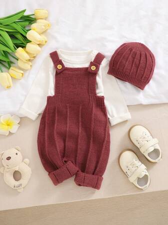 2 piezas Conjunto de pelele de punto para bebé, mono ligero y suave de una sola pieza con gorro desmontable, casual y cómodo