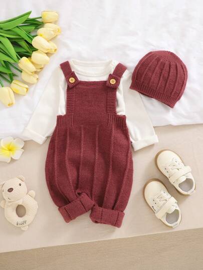 Conjunto de macacão de malha para bebê, 2 peças, leve e macio, peça única com gorro removível, casual e confortável