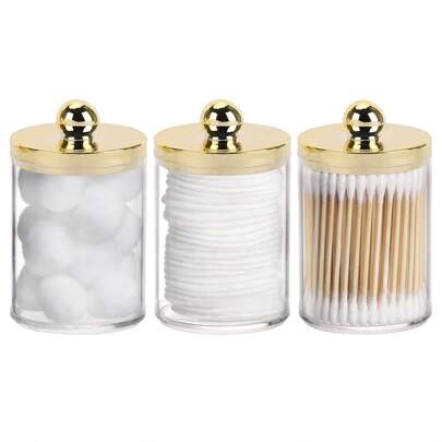 1/2/3/4 Packs Plastic Cleaning Swab Ball Pad Holder, 10 Oz Bathroom Organizer, Qtip Apothecary Jar Clear Container Dispenser With Golden Lid