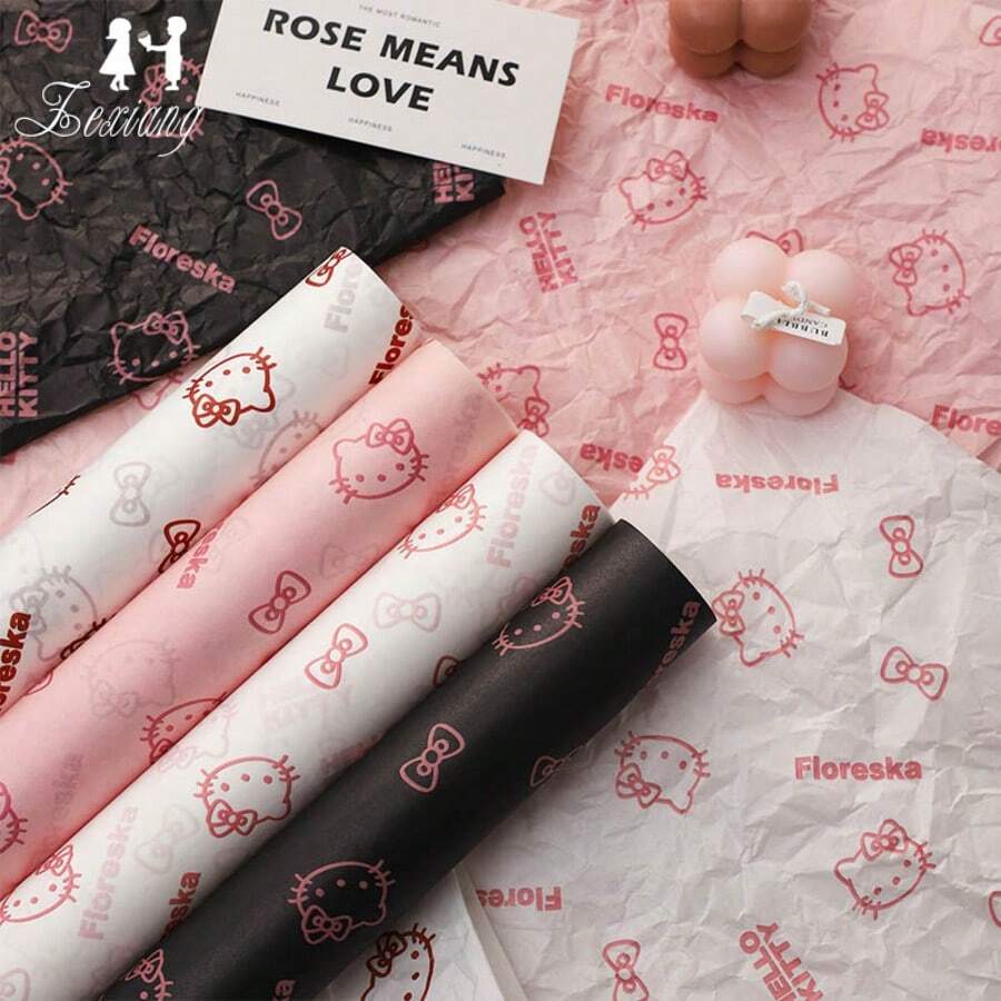 Sanrio 10pcs 50*70cm Cute Cartoon And Anime Wrapping Paper, Cute Little Cat Cinnamon Character Folding Flat Wrapping Paper, Gift Packaging, DIY Handicrafts, Party Gift Supplies, Christmas, Festivals, Birthdays, Pear Paper, Hello Kitty Flower Wrapping Paper