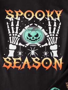 Set de pijamale 2 buc, croială confortabilă, cu guler rotund, cu mânecă scurtă, cu grafică de Halloween cu dovleac și craniu, pentru copii mici, pentru petreceri