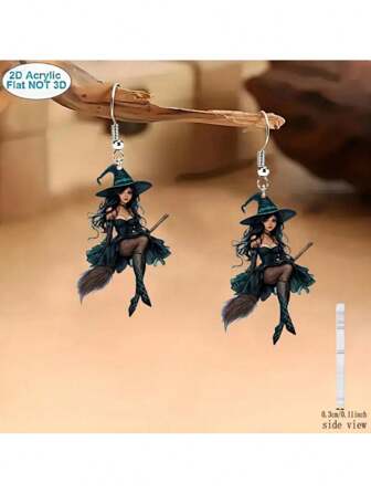 1 Pair Acrylic Flat Halloween Witch Earrings, Dark Creative Design Elegant Sexy Cartoon Wizard Earrings, Holiday Gift