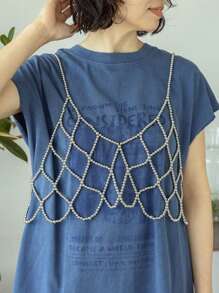 1 Pieza Nueva Camiseta de Estilo Japonés Sencillo para Mujer con Perlas, Decoración de Body con Cadena de Perlas, Estilo Crop Top para Festivales de Música