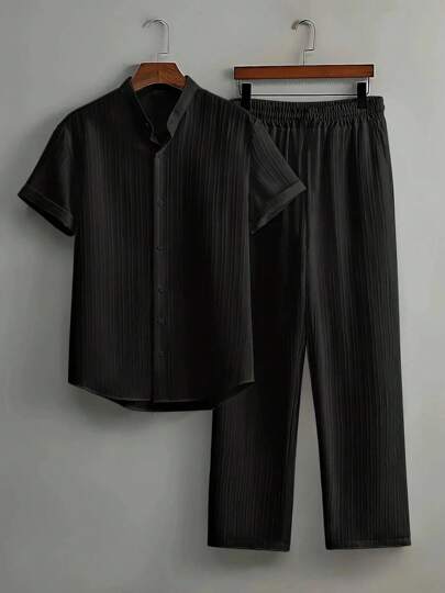 European And American Men's Casual Comfortable Breathable Shirt Collar Multi-Color Beachwear Wave Stripe Short Sleeve Long Pants Elastic Waist Pocket Set Two-Piece Set Vacation Essential