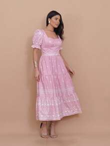 Helena Crepe Printed Midi Dress With Short Sleeves - Baby Pink - View 1