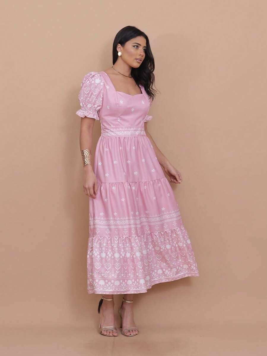 Helena Crepe Printed Midi Dress With Short Sleeves - Baby Pink - View 1