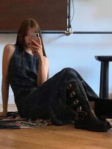 复古不落俗套圆领宽松露背开衩格子无袖连衣裙女