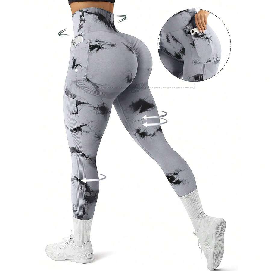 Neue Tie-Dye Yogahose mit Seitentaschen, lange, hautenge Lauf-Sport-Fitnessbekleidung, Po-liftende Yoga-Leggings für Frauen - silbergrau - Übersicht 1