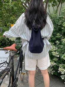 女士全新条纹衬衫休闲翻领长袖衬衫 - 藍色 - 查看 4