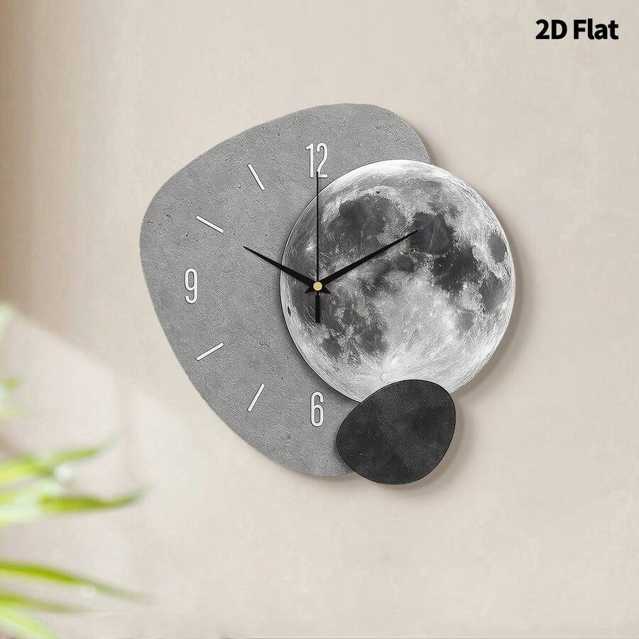 2D Flat, 1pc Modern Creative Moon Art Decorative Wall Clock, Super Silent Quartz Movement, No Ticking Sound, Decorative Clock For Living Room, Bedroom, Office, Kitchen And Cafe, Perfect For Christmas, New Year, Valentine's Day Gifts - Multicolor - View 1