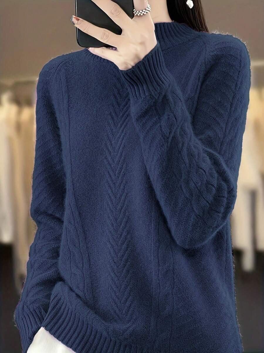 大码圆领休闲纯色长袖针织毛衣 - 寶藍色 - 查看 1
