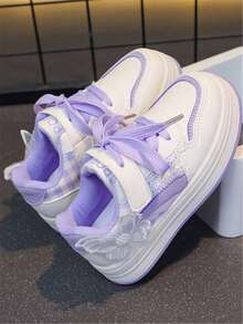 1 Par de Sapatos Esportivos Planos Fofos com Laço Pendente, Estilo Academia, Sola Macia, Antiderrapante e Resistente ao Desgaste, Adequado para Todas as Estações, Moda Feminina - Roxo - Visão 2