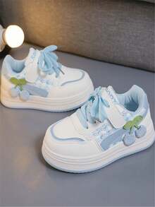 1 Pair Girls' Fashion Soft Bottom Bow Pendant PU Outdoor Non- Wear-Resistant Academy Style Cute Flat Sports Shoes, Suitable For All Seasons - 藍色 - 查看 5