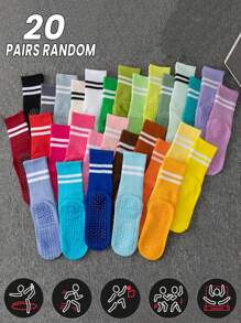 1/5/10双/包 女款随机春秋款双条马卡龙色脚底硅胶带抓地力适合室内瑜伽普拉提拉力健身舞蹈搭配瑜伽裤运动服中筒袜