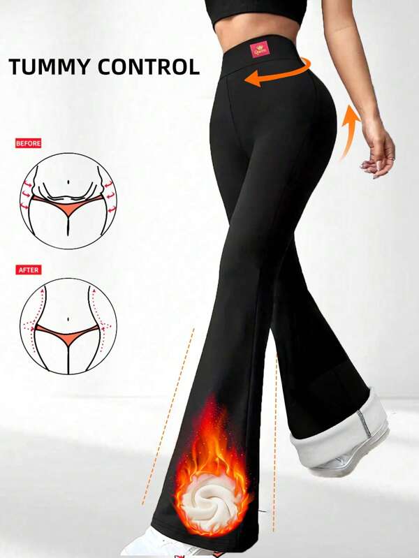 Pantalones de campana para mujer con forro polar súper suave y cálido - unicolor elegante con parte inferior acampanada resistente al viento, leggings elásticos y cómodos, ideales para uso casual en invierno