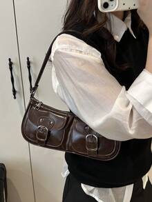 新款时尚双口袋装饰手提包托特包单肩包，适合聚会、郊游、度假、购物和日常使用，可存放硬币、手机，也适合作为白领、大学生和办公室职员的工作包，女士优雅包包 - 咖啡 - 查看 4