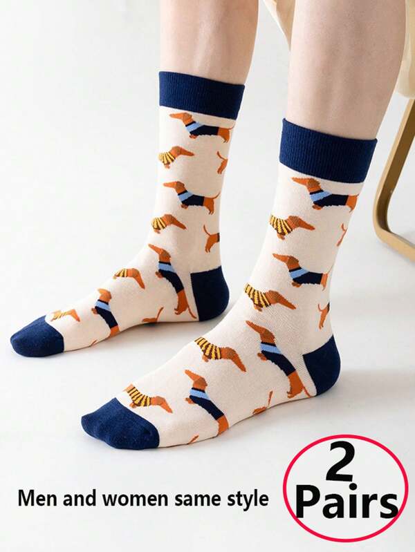 2 Pairs Couple Animal Print Mid-Calf Socks, Long Socks For Autumn/Winter