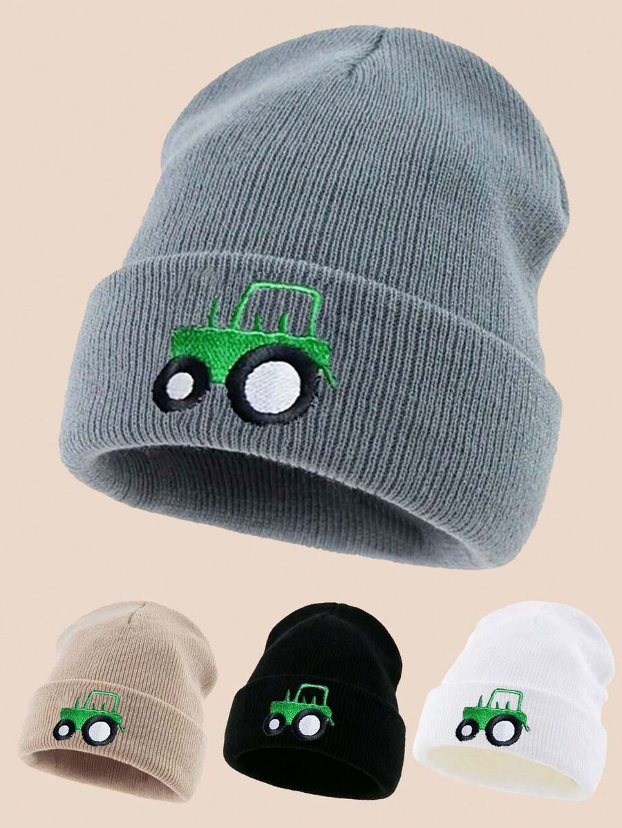 1pc Cartoon Tractor Embroidered Knit Beanie Hat, Suitable For Cycling And Hiking
