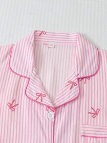 2pcs Comfortable Blue Striped Heart Collar Button Short Sleeve Top With Pocket And Bow Shorts Pajama Set For Women, Suitable For Home Wear, Spring/Summer