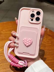1pc Pink 3D Grid Heart + Card Holder Lanyard Matte Soft Full Coverage Phone Case Compatible With IPhone 11/11 Pro Max/12/12 Pro/12 Pro Max/13/13 Pro/13 Pro Max/14/14 Plus Waterproof Shockproof Anti-Fall Scratch Resistant