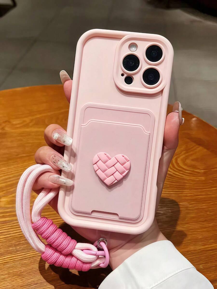 1pc Pink 3D Grid Heart + Card Holder Lanyard Matte Soft Full Coverage Phone Case Compatible With IPhone 11/11 Pro Max/12/12 Pro/12 Pro Max/13/13 Pro/13 Pro Max/14/14 Plus Waterproof Shockproof Anti-Fall Scratch Resistant
