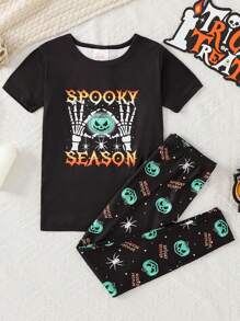Set de pijamale 2 buc, croială confortabilă, cu guler rotund, cu mânecă scurtă, cu grafică de Halloween cu dovleac și craniu, pentru copii mici, pentru petreceri