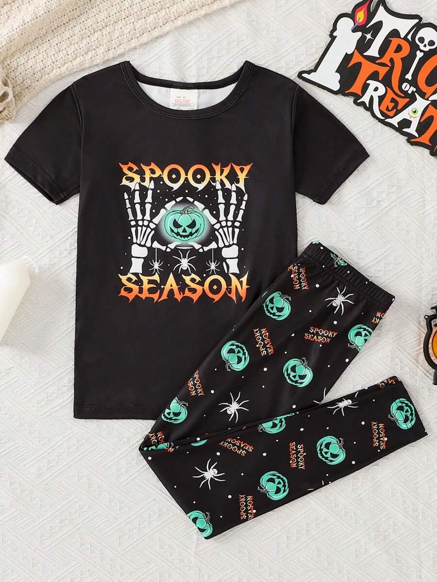 Set de pijamale 2 buc, croială confortabilă, cu guler rotund, cu mânecă scurtă, cu grafică de Halloween cu dovleac și craniu, pentru copii mici, pentru petreceri