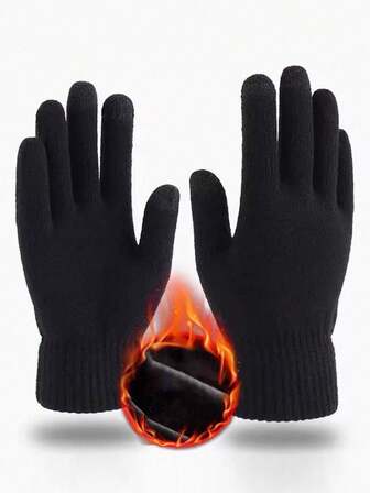 1 Pair Black Full Finger Knitted Gloves, Touchscreen, Warm Lining, Windproof, Suitable For Cycling
