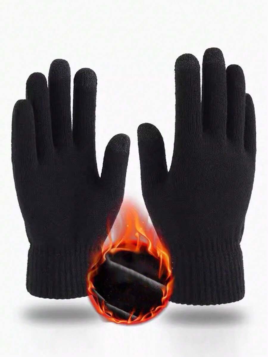 1 Pair Black Full Finger Knitted Gloves, Touchscreen, Warm Lining, Windproof, Suitable For Cycling - Black - View 1
