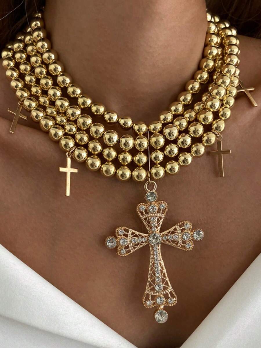 1 件波西米亚多层串珠十字架吊坠项链，奢华度假派对珠宝礼物，适合女性、情侣、婚礼，用途广泛