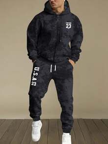 2pcs Men's Spring Autumn Tie-Dye Washed Zip-Up Hoodie Sweatshirt And Drawstring Jogger Pants Set, Letter & Number Print Pattern, Hooded Sweatshirt With Drawstring And Pockets, Pants With Drawstring Waist, Suitable For Street Fashion, Jogging, Commuting, Travel, Outdoor, Ideal Gift For Husband Or Boyfriend In Spring, Autumn And Winter - Multicolor - View 4