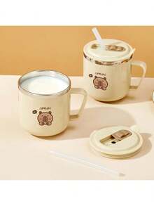 1pc 270ml Mini Double-Wall Thermal Insulated Mug, Children's Water Cup With Cute Cartoon Bear Pattern, 316 Stainless Steel Kids Straw Cup With Straw & Handle, Portable Anti Scalding Drinking Cup, Sealed Leak-Proof Tea Coffee Milk Cup Drinkware, Suitable For Student And Adult Use In Home, School, Dorm, Office, Party, Camping, Picnic, Back To School