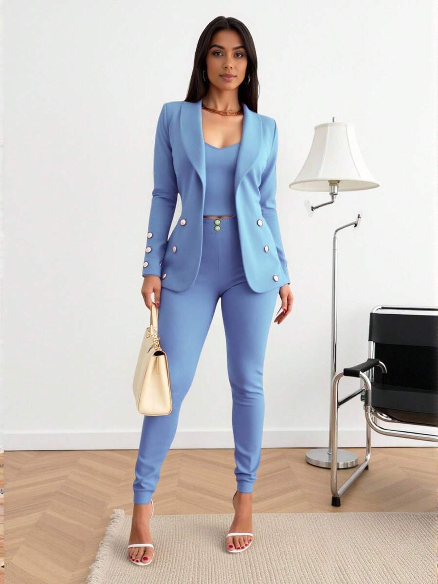 Conjunto Elegante de Tres Piezas para Mujer – Blazer, Top y Pantalón a Juego – Estilo Formal y Casual con Detalles de Perlas - Azul claro - Ver 1