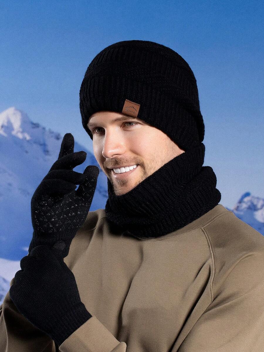 新款欧美风男士针织帽保暖羊毛帽围巾手套3件套防寒毛线帽