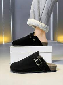 2025夏季男女通用博肯一脚蹬拖鞋，皮革鞋面搭配搭扣设计，软木厚底，耐磨，简约纯色，适合户外、旅行、休闲街头风格、情侣装，轻便露背穆勒拖鞋，时尚舒适，建议订购大一码