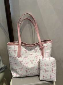 1 时尚拼色蝴蝶结印花单肩包，简约轻便，多个口袋，单肩托特包书包，返校背包，大容量，笔记本电脑隔层，便携，轻便，适合少女女大学生，非常适合返校、大学、初中、高中，时尚拉链托特包，大号学校托特包，多个隔层，非常适合海滩 - 白色 - 查看 7