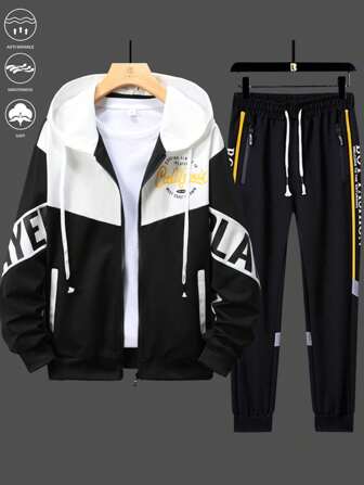 男士休闲百搭撞色拼布字母印花夹克和裤子套装，秋季服装