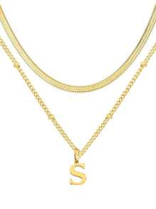 1 件迷你心形吊坠和不锈钢字母项链 - 双层可调节链条项链，26 个字母双层可调节链条珠宝，极简主义奢华，时尚百搭高端优雅简约风格，适合日常休闲、派对、通勤、度假，是送给女性的绝佳礼物