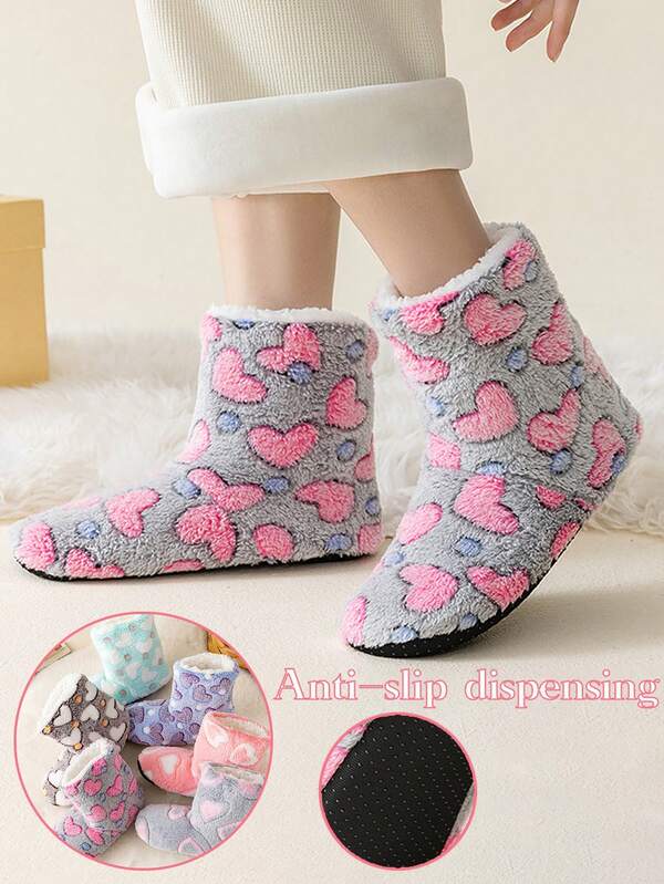 1 Pair Autumn/Winter Thermal Lined Non-Slip Indoor Floor Socks, Comfortable Warm Socks With Heart Detail, Perfect Gift For Birthday, Party, Parents, Friends